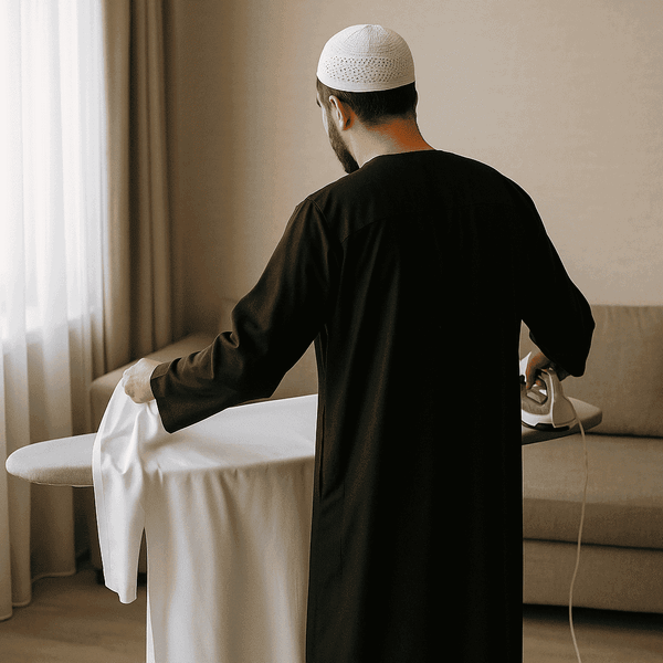 Musulman repassant son qamis avant la prière du vendredi